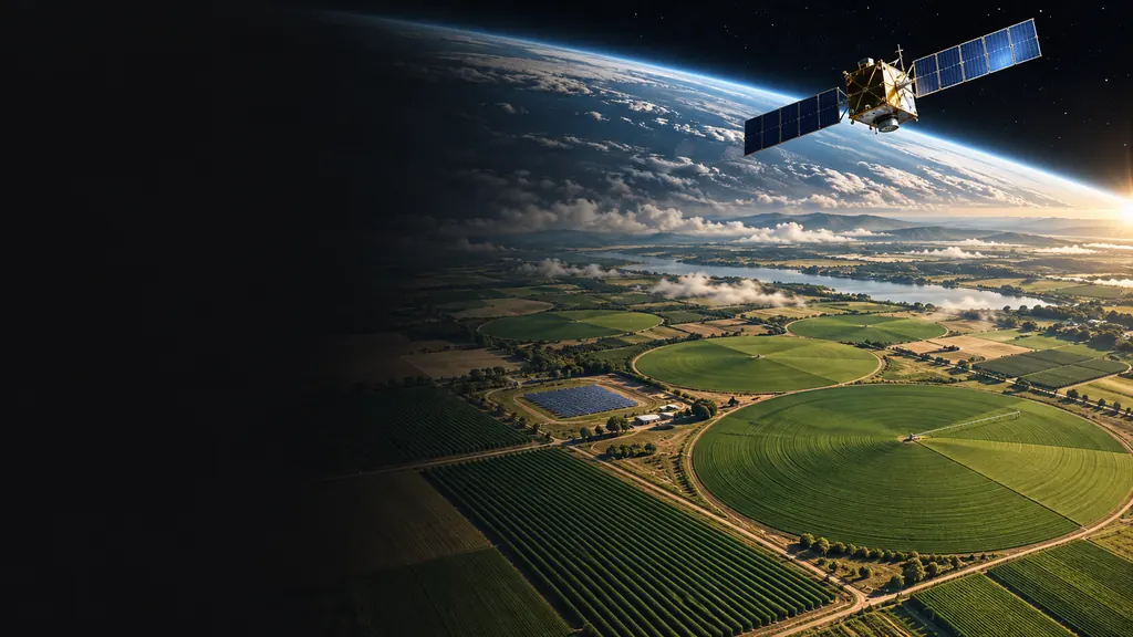 Composição conceitual conectando satélite, lavoura irrigada e energia solar