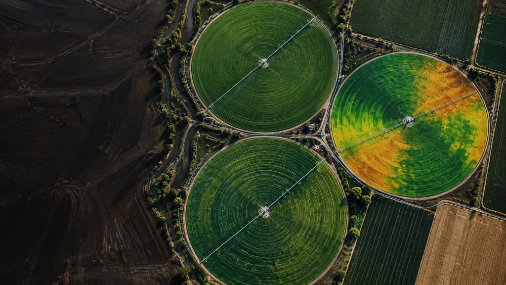 Ilustração de pivôs centrais com camada de vigor em verde e âmbar