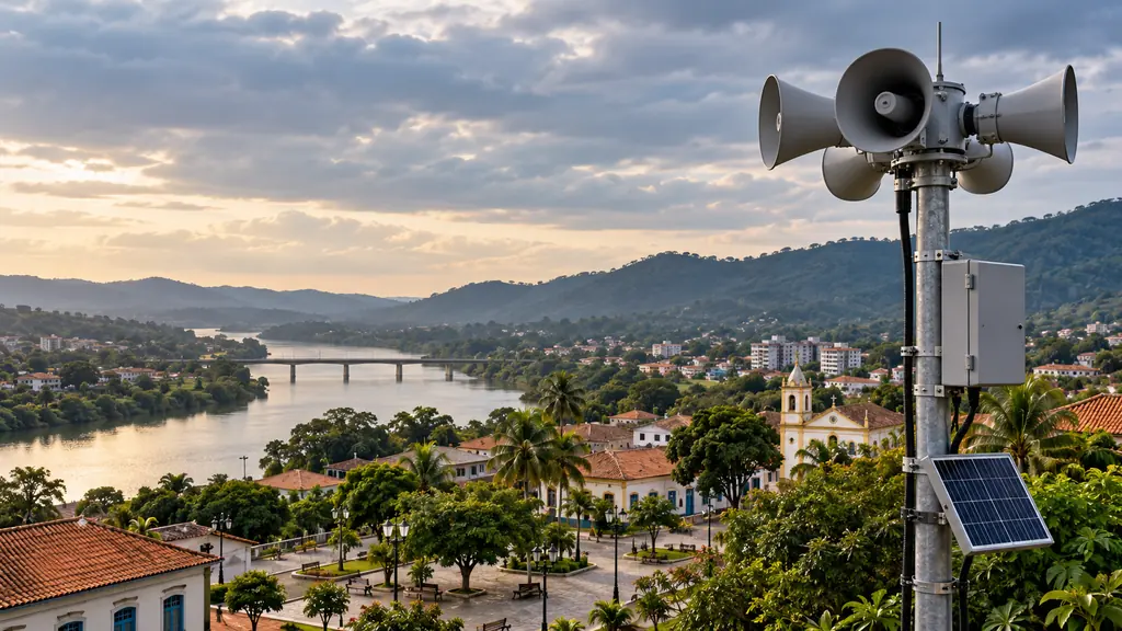 Ilustração de equipamento de aviso sonoro em contexto municipal brasileiro